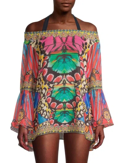 Ranee's Women's Butterfly-print Off-the-shoulder Coverup Top In Pink Multicolor