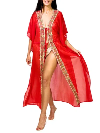 Ranee's Women's Embellished Cover Up Duster In Coral