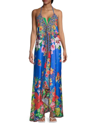 Ranee's Women's Floral Halter Maxi Coverup Dress In Blue
