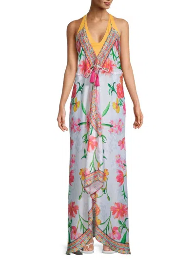 Ranee's Women's Floral Halter Maxi Coverup Dress In White Pink