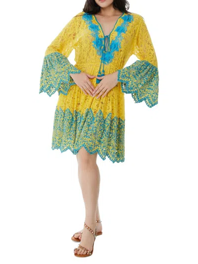 Ranee's Women's Floral Lace Sheer Cover Up Dress In Yellow Blue