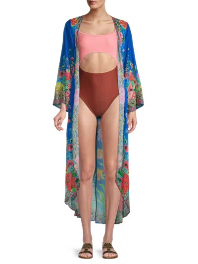 Ranee's Women's Floral Longline Cover Up Duster In Royal Blue