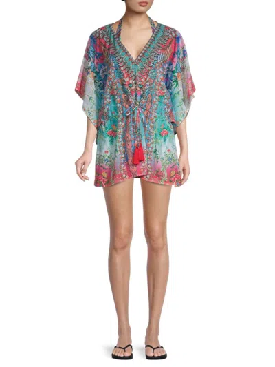 Ranee's Women's Floral Mini Caftan Cover-up In Blue