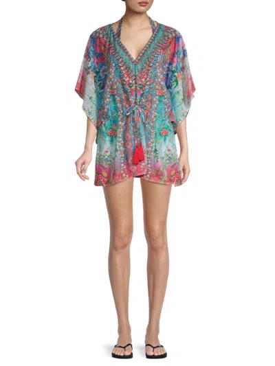 Ranee's Women's Floral Mini Caftan Cover-up In Turquoise