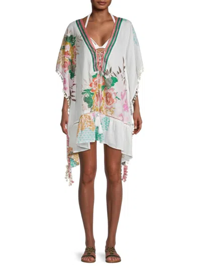 Ranee's Women's Floral Pom-pom Caftan Coverup In White