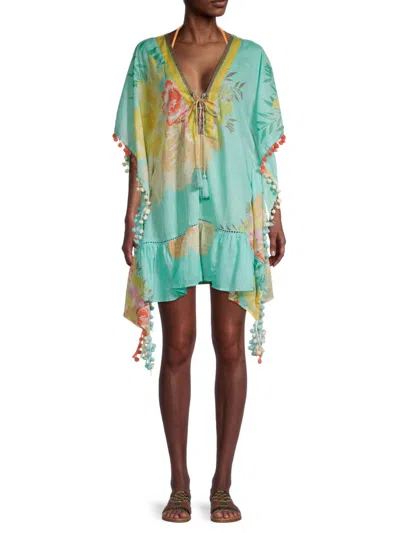 Ranee's Women's Floral Print Caftan Coverup In Aqua