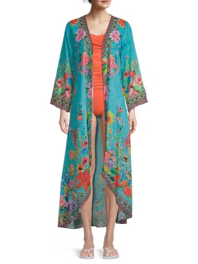 Ranee's Women's Floral-print Open-front Cover-up In Blue