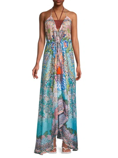 Ranee's Women's Floral Tassel-tie Maxi Cover-up Dress In Blue