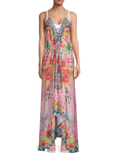 Ranee's Women's Floral Tassel-tie Maxi Cover-up Dress In Multi