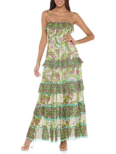 Ranee's Women's Floral Tiered Maxi Cover Up Dress In Green