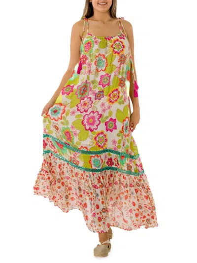 Ranee's Women's Floral Tiered Maxi Dress In Lime