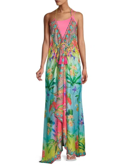 Ranee's Women's Halter Open-back Maxi Coverup Dress In Green Blue Multi
