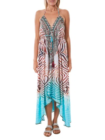 Ranee's Women's Halter Shark Hem Cover Up Dress In White Multi