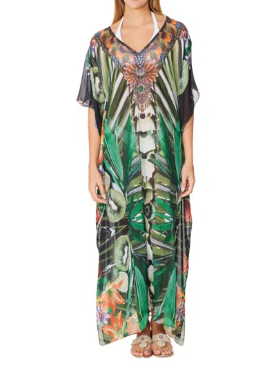 Ranee's Women's Kiwi Tropical Cover Up Caftan In Lime Green
