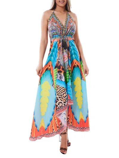 Ranee's Women's Mixed Print Halter Cover Up Dress In Blue Multi