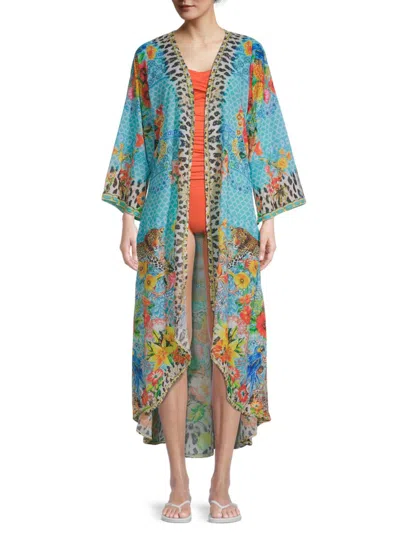 Ranee's Women's Mixed-print Kimono Cover-up In Blue