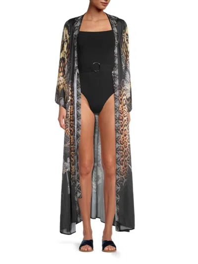 Ranee's Women's Print Kimono Cover-up In Brown