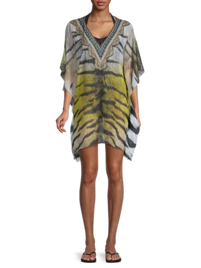 Ranee's Women's Tiger-print Coverup In White Yellow