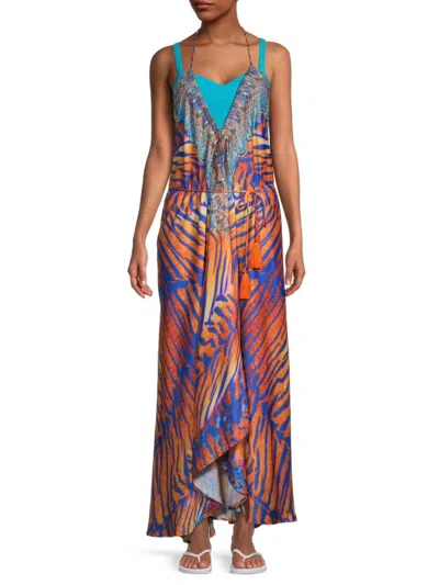 Ranee's Women's Tiger-print Halterneck Maxi Coverup Dress In Blue