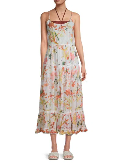 Ranee's Women's Tropical Tiered Midi Cover-up Dress In White