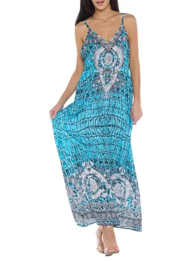 Ranee's Women's V Neck Maxi Shift Dress In Teal Blue