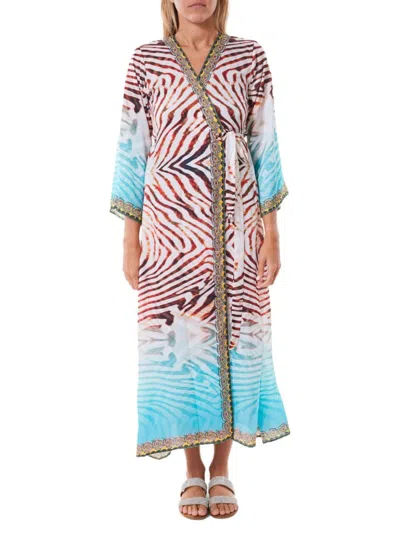 Ranee's Women's Zebra Print Wrap Swim Cover Up Dress In Blue Multi