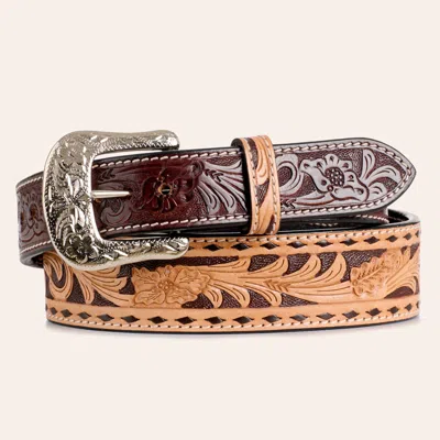 Ranger Belt Co. Men's Brown & Tan Floral Tooled Buckstitch Taper Belt