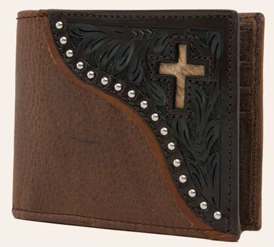 Ranger Belt Company Men's Distressed Brown With Dark Tooling & Cross Inlay Bi-fold Wallet