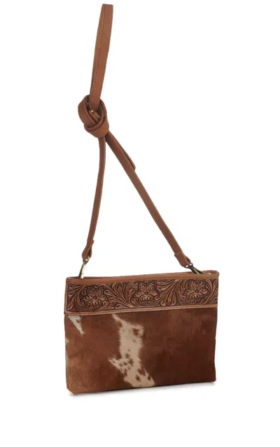 Ranger Svk Women's Tan Leather Hair-on Tooled Floral Accent Crossbody Purse In Brown