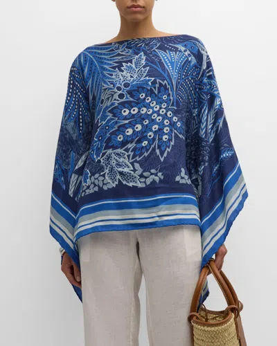 Rani Arabella Amazonia Navy Print Cashmere-blend Poncho In Blue