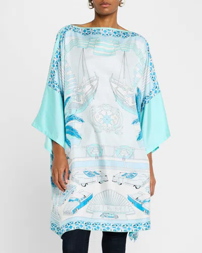 Rani Arabella Hand-printed Silk Kaftan In Aqua