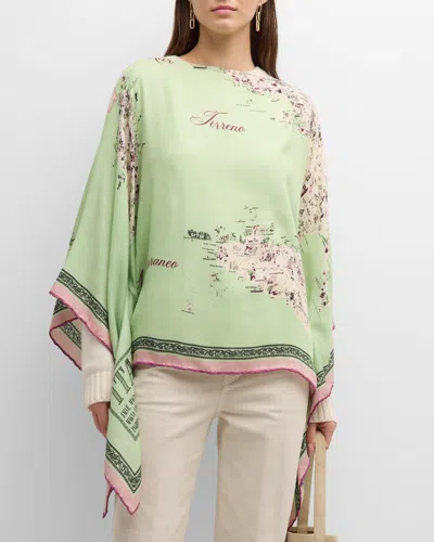 Rani Arabella Italy Print Cashmere & Silk Poncho In Green