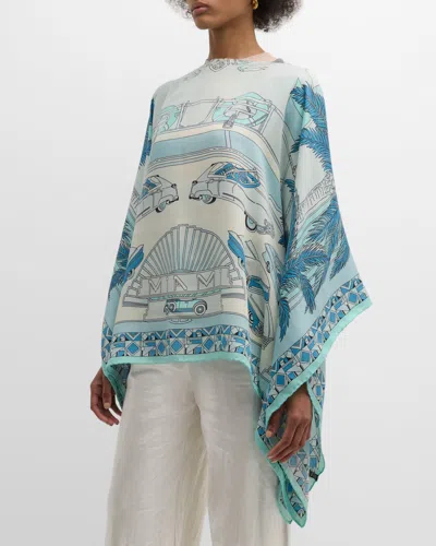 Rani Arabella Miami Aqua Print Cashmere-blend Poncho In Blue