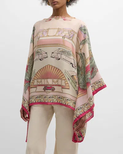 Rani Arabella Miami Pink Print Cashmere-blend Poncho In Neutral