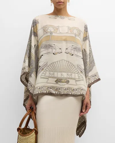 Rani Arabella Miami Taupe Print Cashmere-blend Poncho In Brown