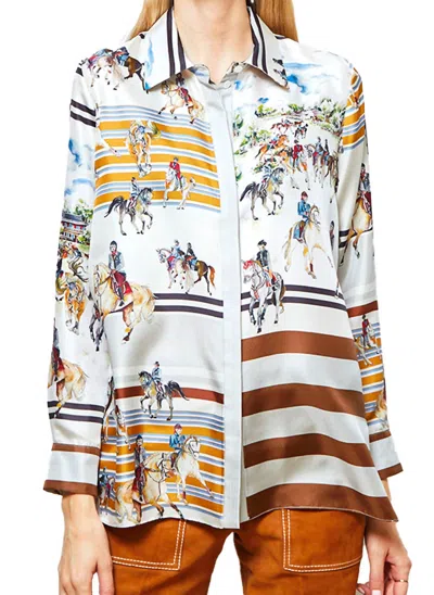 Rani Arabella Silk Printed Verona Collar Top In Brown