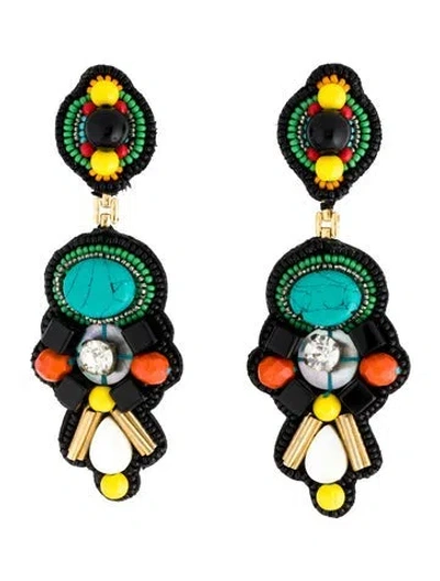 Pre-owned Ranjana Khan Mother Of Pearl, Bead & Leather Clip On Earrings In Black