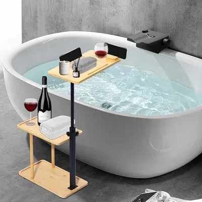 Rankss 3 Layer Bath Tub Tray Table Liftable Freestanding Bamboo Bath Tray Caddy For Tub Against Wall Shelf  In Brown