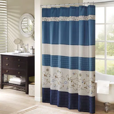 Rankss Faux Silk Embroidered Floral Shower Curtain In Blue