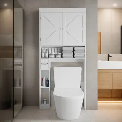 Rankss Over-the-toilet Storage Cabinet With 2 Doors, Home Space-saving Toilet Rack, Farmhouse Style For Bat In White