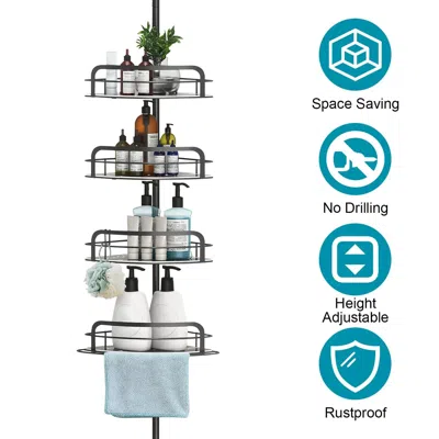 Rankss Space-saving Floor-to-ceiling Corner Shower Caddy With 4 Adjustable Shelves And Towel Bar - Rustproo In Black