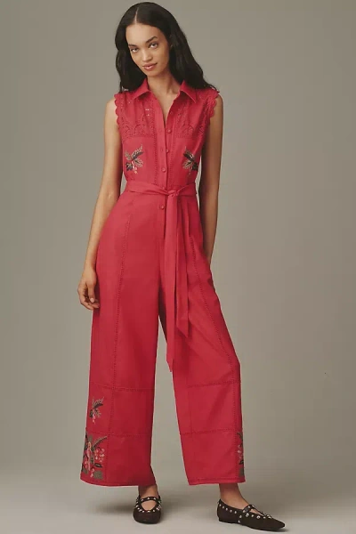 Ranna Gill Belted Crochet Jumpsuit In Red