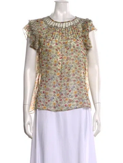 Pre-owned Ranna Gill Floral Print Crew Neck Blouse In Neutral
