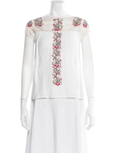 Pre-owned Ranna Gill Floral Print Crew Neck Blouse In White