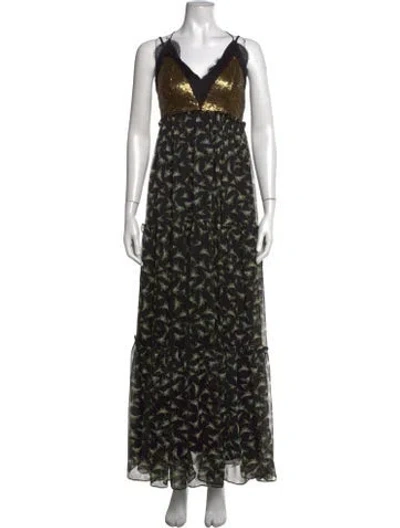 Pre-owned Ranna Gill Floral Print Long Dress In Black