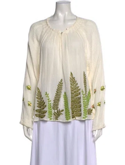 Pre-owned Ranna Gill Floral Print Scoop Neck Blouse In White