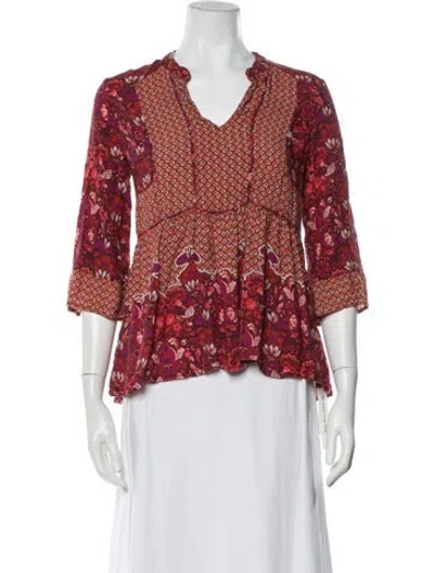 Pre-owned Ranna Gill Floral Print V-neck Top In Red