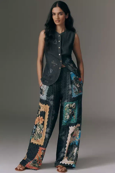 Ranna Gill Floral Printed Wide-leg Pants In Black