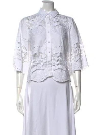 Pre-owned Ranna Gill Lace Pattern Three-quarter Sleeve Button-up Top In White