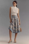 Ranna Gill Linen Blend Belted Seashell Midi Skirt In Blue